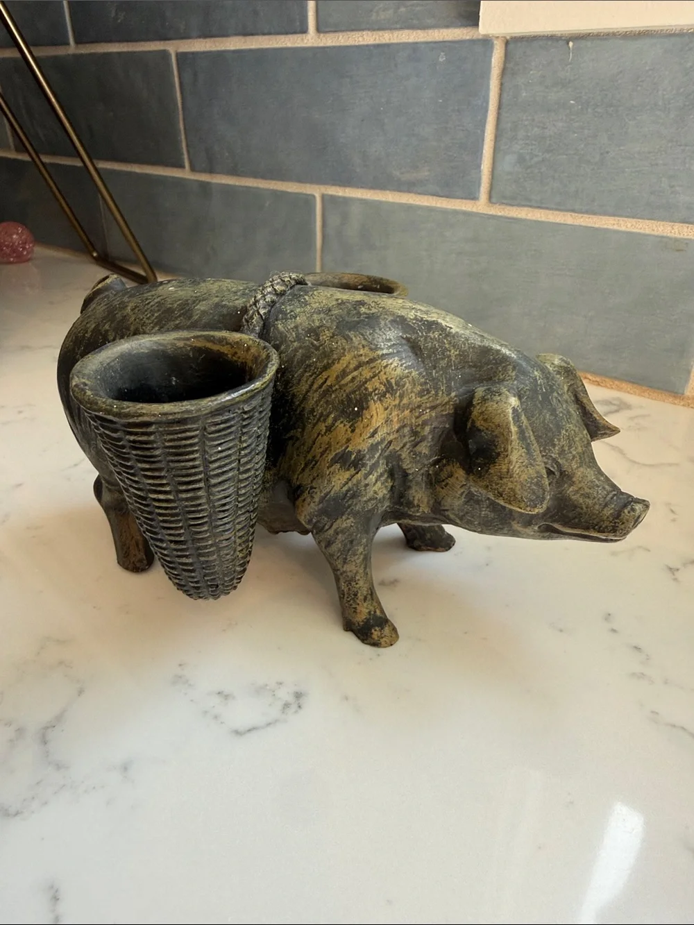 French Style Bronze/Black Pig with Woven Basket Accent